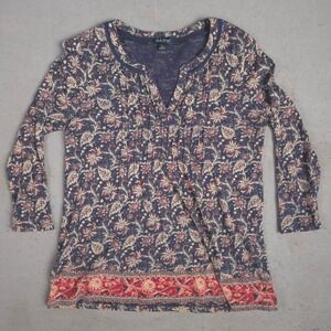 Lucky Brand Floral Print Pintuck V Neck Tunic Top Womens Small Blue Red Modal